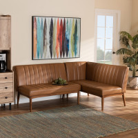 Baxton Studio BBT8051.12-TanWalnut-2PC SF Bench Baxton Studio Daymond Mid-Century Modern Tan Faux Leather Upholstered and Walnut Brown Finished Wood 2-Piece Dining Nook Banquette Set